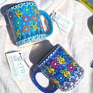Turkish Pottery Anatolian Mugs Blue + Teal Handmade Myth Arts Ceramics Set 2